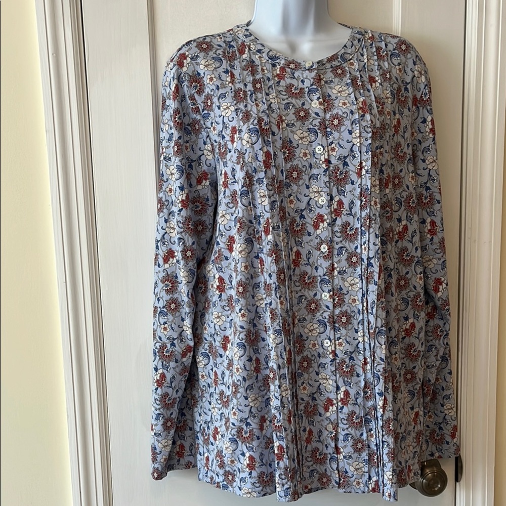 Floral Tunic Top Button Front Women's XL 18 Long Sleeve‎  Blue Cottage Relaxed